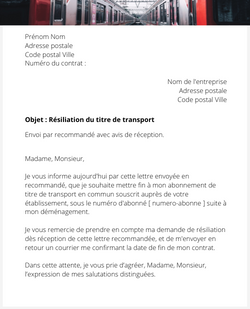 la lettre pour resilier un titre de transport pour demenagement